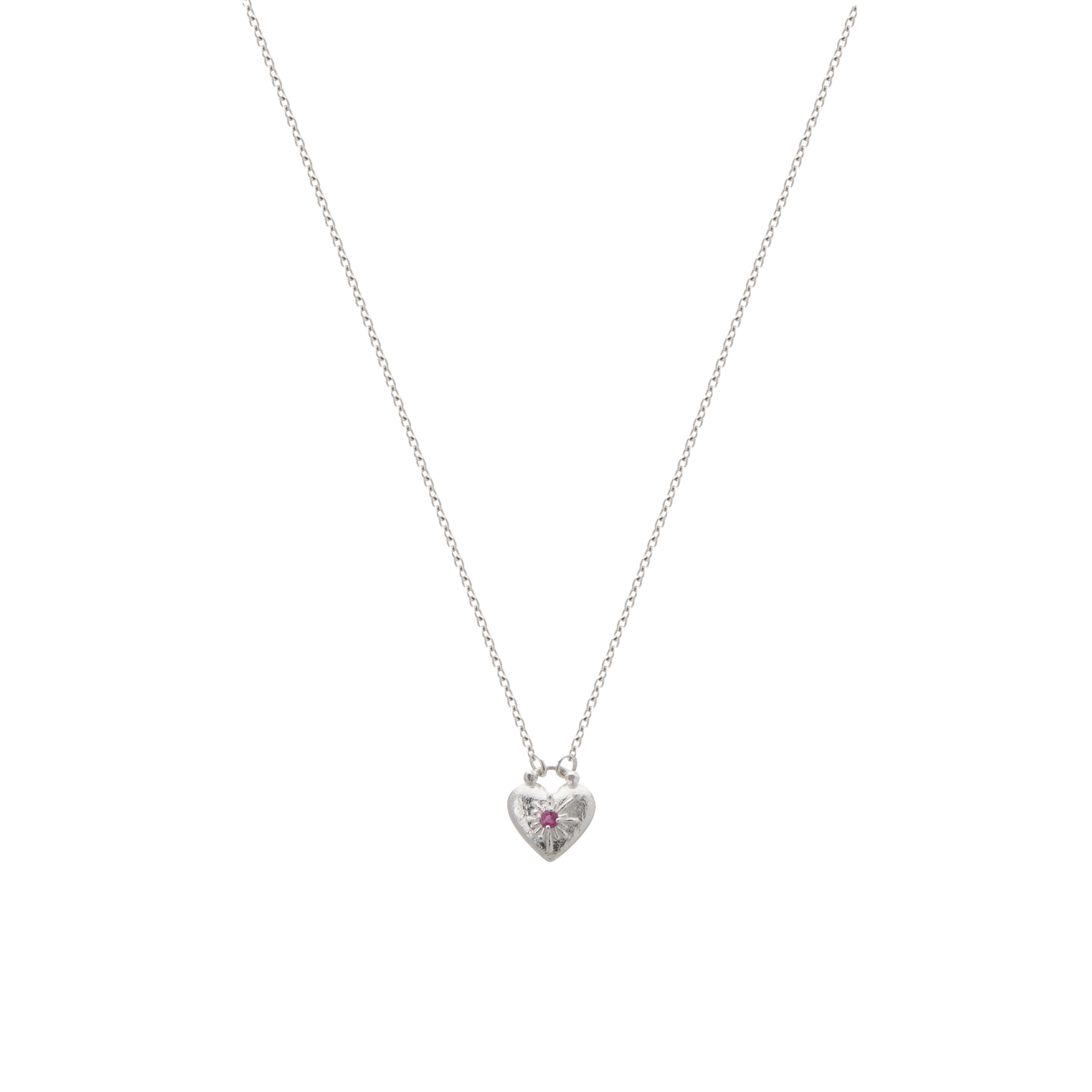 Silver necklace with a heart-shaped pendant on a white background